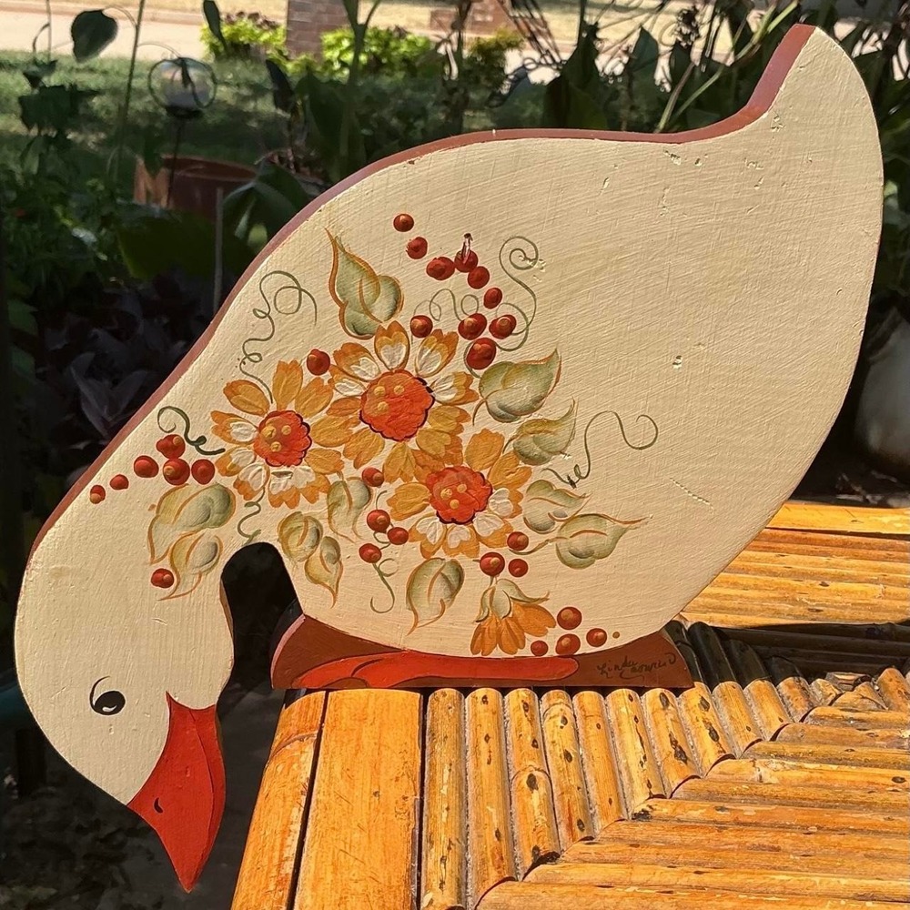 Hand Painted Goose Shelf Sitter Unisex OS Cream Good Floral Folk Art